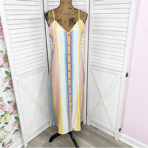 Billabong Lucky Us Striped Sleeveless Midi Dress Pastel Multi Large - Picture 1 of 16